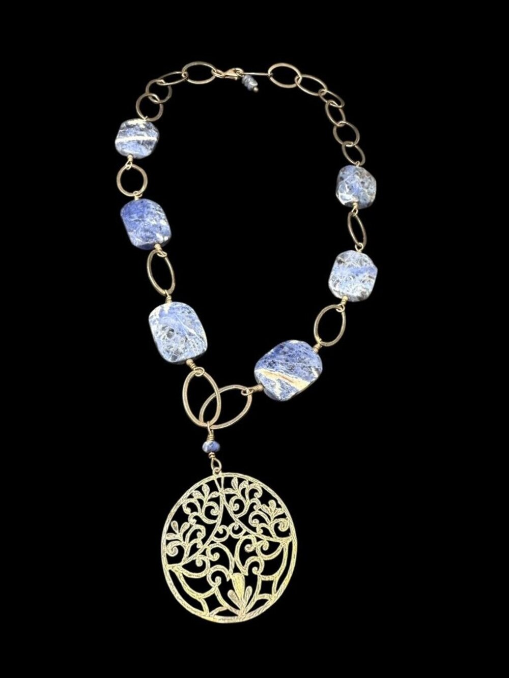 Vintage Sterling Silver Sodalite Beaded Necklace Filigree Scrollwork Pendant